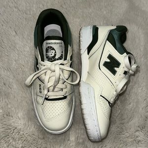 New Balance 550s in cream and olive and forest green